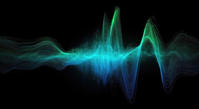 Abstract flowing light particles create a vibrant blue-green waveform on black