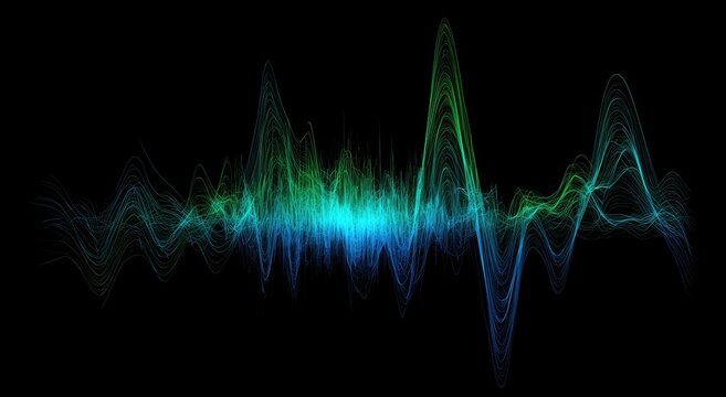 Abstract visual representation of sound waves in vibrant blue and green hues