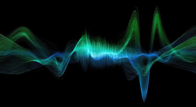 Flowing abstract energy waves in blue and green against black