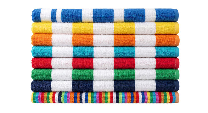 Stack of colorful striped beach towels neatly folded and ready for use