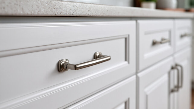 Close-up of white kitchen cabinets with modern silver handles and stone countertops. Perfect for home improvement and.