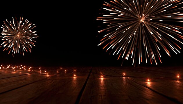 Warm, glowing embers ascend into the night sky above a wooden deck strewn with lights
