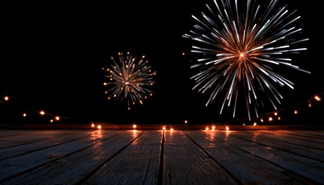 Festive sparks erupt over a dark wooden platform, illuminated by strings of lights
