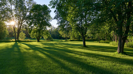 Fototapeta premium Golden sun rays shine through tall trees into a vibrant green field. An ideal image for wellness and environmental ads.