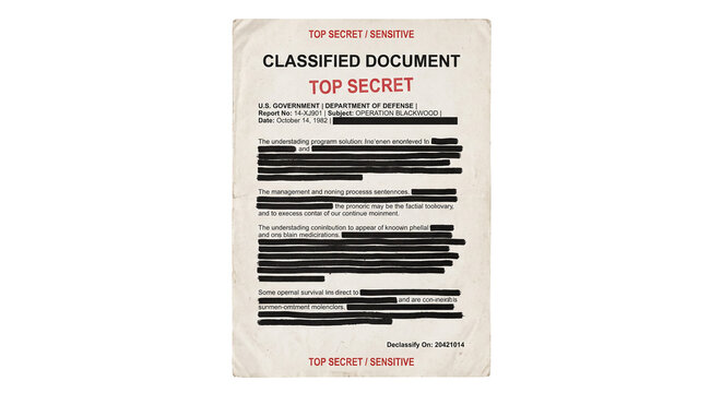 Classified document with blacked out text and top secret stamp