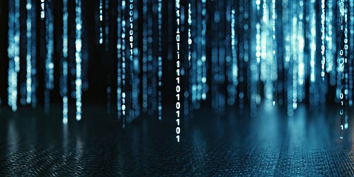Cascading digital rain of binary code illuminates a textured dark background