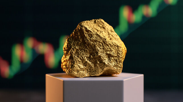 A golden nugget sits on a pedestal with a glowing stock market chart in the background. Investment concept for wealth.