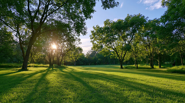 Sunlight streams through trees in a lush green meadow at golden hour. Perfect for themes of peace and nature.