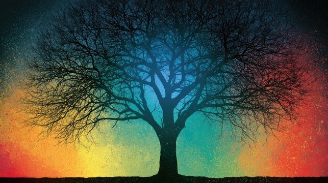 Silhouette of bare tree branches against vibrant, swirling cosmic colors