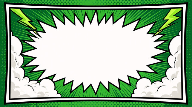 A vibrant green comic book background with dynamic lightning bolts and clouds. Ideal for action-packed graphic designs.