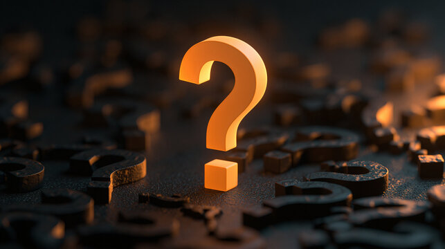 A glowing orange question mark stands out among blurred dark symbols. Conceptual business image for uncertainty and.