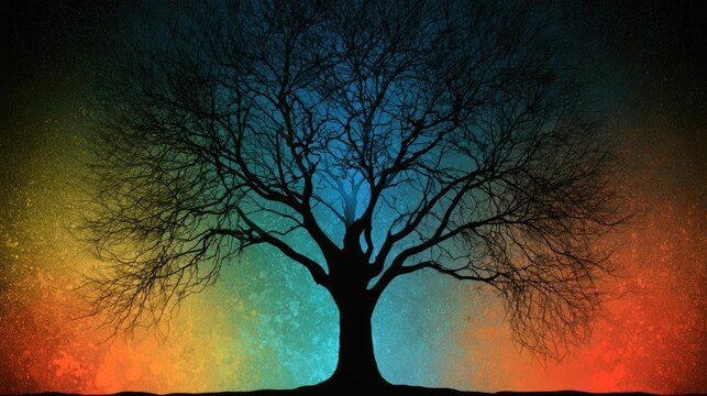 Silhouetted, bare tree against a vibrant, textured, abstract cosmic background