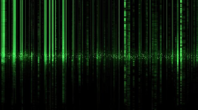 Vertical green lines cascade down a black background, resembling digital code or data streams