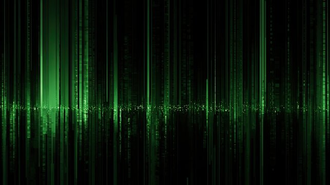 Abstract green digital waveform with cascading lines and glowing particles