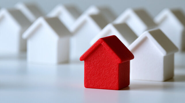 A red house model stands in front of blurred white ones isolated on white background. Real estate market choice concept.