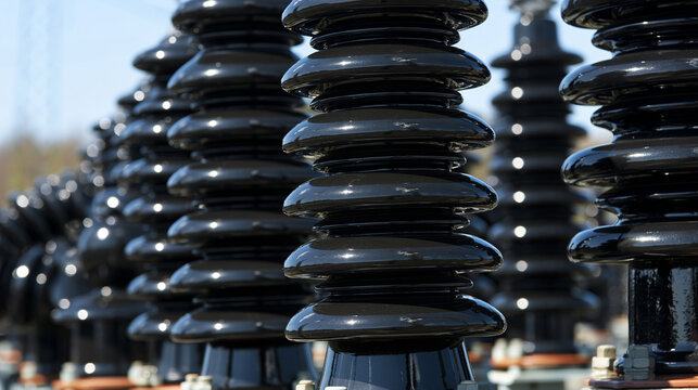 High voltage electrical ceramic insulators in a row. Energy infrastructure and power distribution concept.