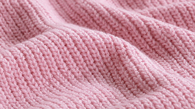 A close up view of soft pink knitted wool fabric texture. This cozy material is perfect for fashion backgrounds or.