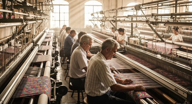 Textile mill rows of looms weaving fabric, rhythmic clatter and dedicated workers