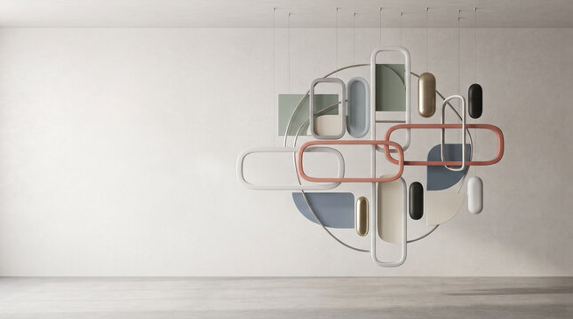 Abstract Composition with Geometric Shapes: An intriguing abstract arrangement of overlapping geometric shapes, featuring rounded rectangles and ovals in muted tones of blush pink, sage green.
