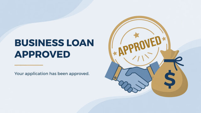 Business loan approved showing handshake, money bag and official stamp for financial agreement funding capital