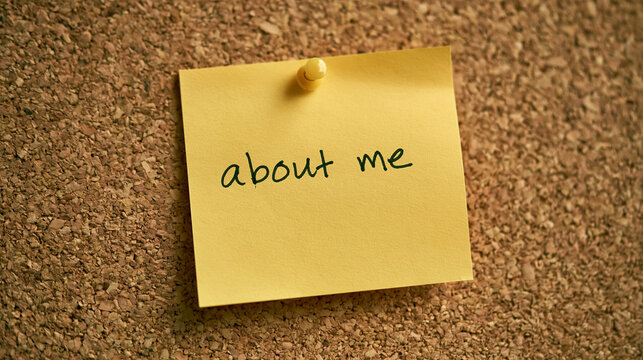 A yellow sticky note with the words about me pinned to a cork board. Concept for personal branding or professional.