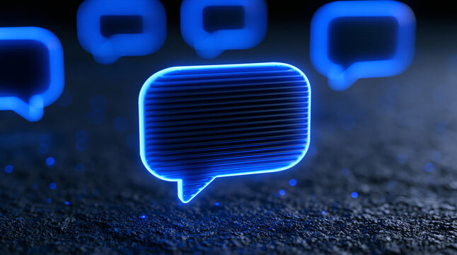 Neon blue glowing speech bubble icons float above a dark textured surface. Messaging and digital communication concept.