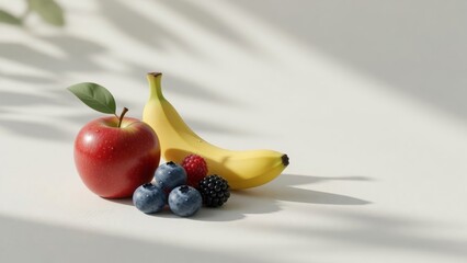 Fototapeta premium Fresh fruits arrangement with apple, banana, blueberries, raspberry, blackberry for a healthy lifestyle