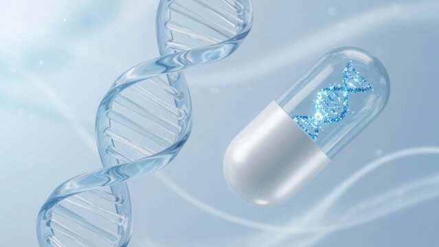 Dna helix floating with a medical capsule containing genetic material, representing gene therapy and precision medicine