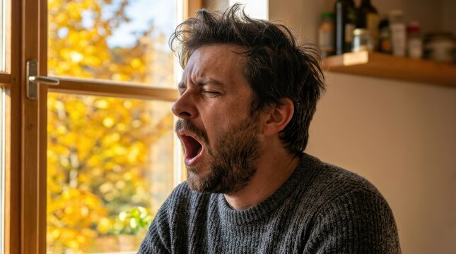 Tired man yawning widely near window with autumn view. Sleepy bearded male with messy hair waking up in the morning
