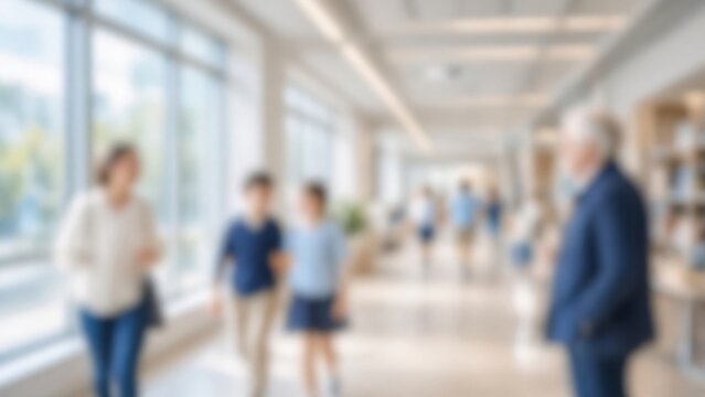 People walking in blurred modern school corridor with students and adults, education and community concept