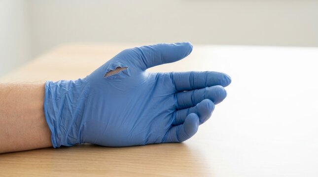 Torn blue nitrile medical glove on hand. Damaged personal protective equipment exposing skin on wooden table