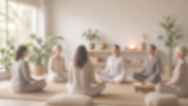 Group of women meditating in a calm circle, practicing mindfulness and yoga for mental wellness and spiritual health