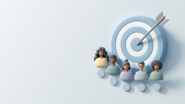 Diverse people as target audience with bullseye and arrow, targeting market demographics and customer segments