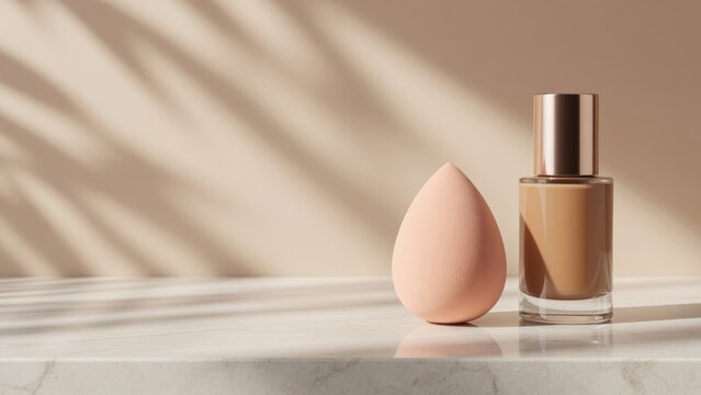 Liquid foundation bottle with makeup blender sponge on marble surface and palm leaf shadows