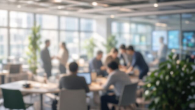 Business people working together in a blurred, contemporary open plan office, focusing on collaboration and project development
