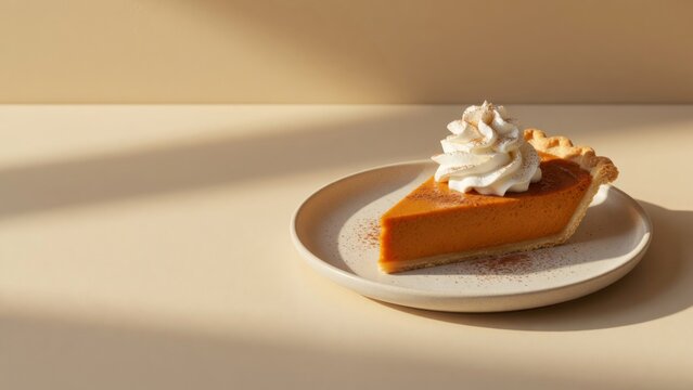 Pumpkin pie slice with whipped cream and cinnamon dusting, resting on a ceramic plate in soft natural light