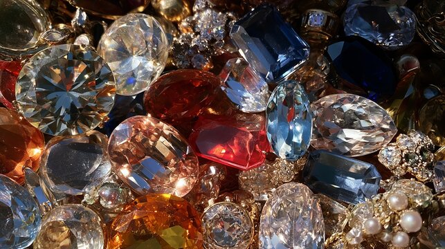 Shiny gems and jewelry sit still for a photo.