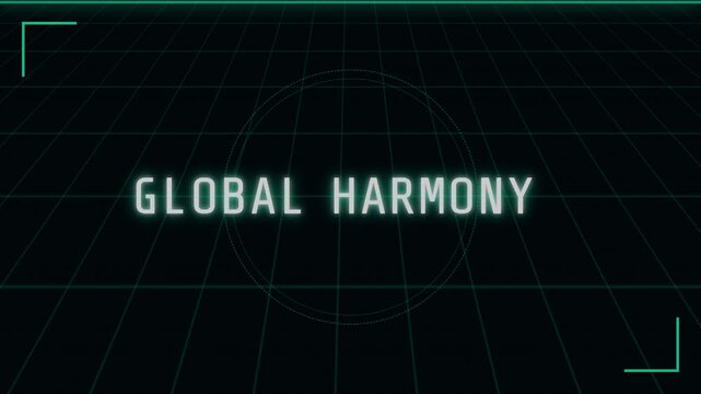 Digital HUD interface typing Global Harmony text on dark grid