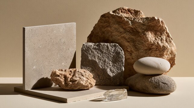 Stone and tile sit on beige, creating a natural backdrop for your product.