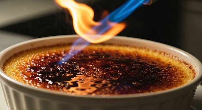 Close-up of glossy cr?me br?l?e with caramelized top being torched
