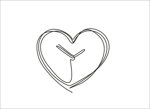 Single continuous line art of a heart with a clock dial inside, time is life and mortality metaphor, hand drawn illustration