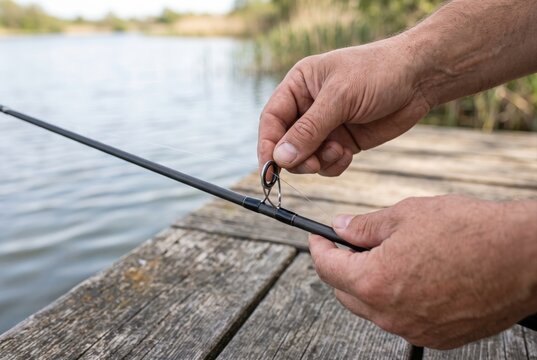Threading fishing line through the guide of a rod on a wooden dock