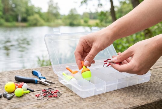 Selecting a colorful fishing float from a tackle box on a dock