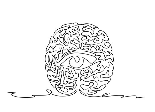 Single continuous line art of a human brain with an eye inside, self awareness and introspection concept, hand drawn illustration
