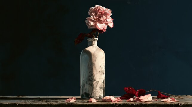 Flower sits in bright vase. Dark background shows its fading beauty. Petals and leaves are on the table. Scene feels sad.