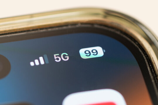 A smartphone screen displaying a 5G network connection and nearly full battery, highlighting mobile technology, wireless connectivity, and digital communication.