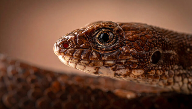 Extreme macro portrait of a brown lizard head showing scaly texture and eye