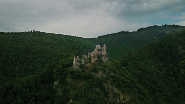 Aerial View of Starhrad Castle Ruins and V&aacute;h River Valley, Slovakia &ndash; 4K