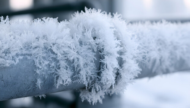 Metal pipe covered in thick white hoarfrost with complex icy crystals. Industrial steel plumbing component experiences extreme subzero temperature outdoor. Cold winter weather creates natural