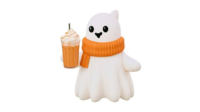 Cute ghost wearing orange scarf holding pumpkin spice latte on transparent background isolated as png file